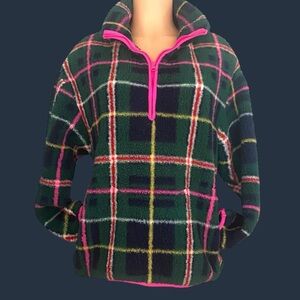 Crown & Ivy Long Sleeve Half Zip Sherpa Pullover Scottish Plaid